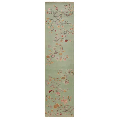 Pre-owned Rug & Kilim 's Mint Green Chinese Art Deco Style Runner Rug With Floral Patterns