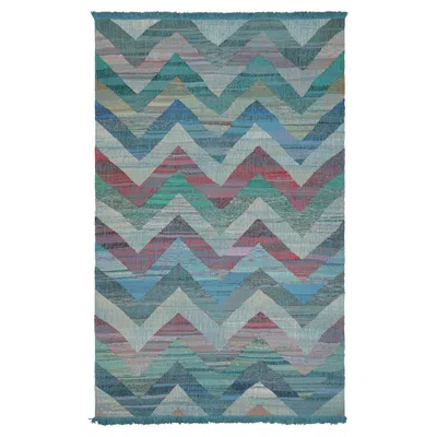 Pre-owned Rug & Kilim 's Modern Geometric Wool Kilim Blue Green Multi-color Chevron Pattern