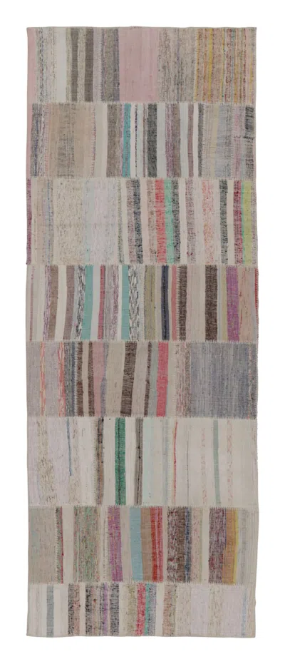 Pre-owned Rug & Kilim 's Modern Patchwork Runner Kilim In Beige With Multicolor Stripes In Brown