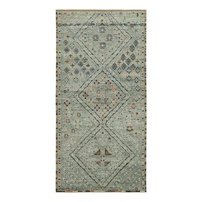 Rug & Kilim 's Moroccan Gallery Runner In Teal With Geometric Patterns In Blue;pink;gold;green