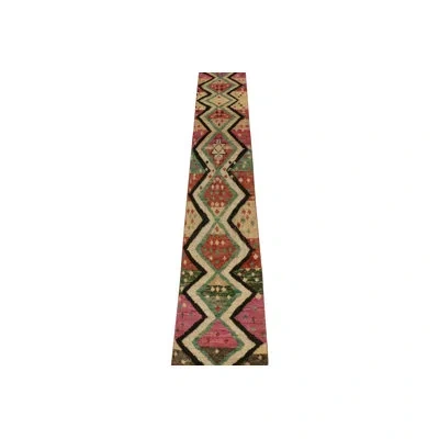 Rug & Kilim 's Moroccan Runner Tribal Geometric Pattern In Black;red;pink;green