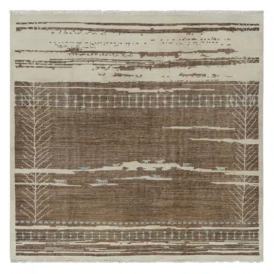 Pre-owned Rug & Kilim 's Moroccan-inspired Square Rug, Brown And Cream Primitivist Geometry In White