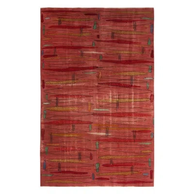 Rug & Kilim One-of-a-kind Hand-knotted 1950s Mid-century Modern Red/pink 6'5" X 9'11" Wool Area Rug In Red;pink