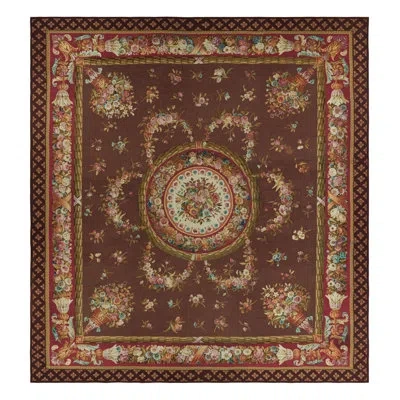 Rug & Kilim Oversized Antique Aubusson Rug In Brown With Floral Medallions |  In Blue;brown;red;beige;pink;green