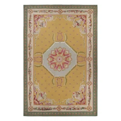 Rug & Kilim Oversized Antique Aubusson Rug In Gold With Floral Medallion |  In Brown;beige;silver;gray;green;cream