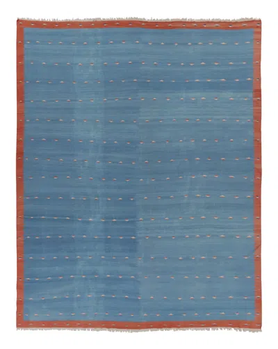 Pre-owned Rug & Kilim 's Oversized Custom Dhurrie Rug In Blue And Rust Geometric Patterns