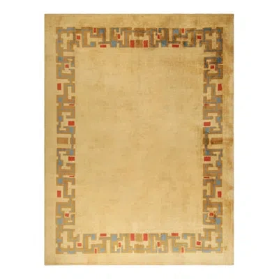 Rug & Kilim Oversized Vintage Leleu French Art Deco Rug With Gold Open Field |  In Blue;brown;red;beige;gold