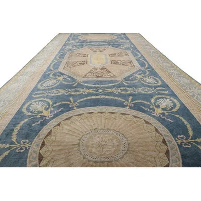 Rug & Kilim Oversized Vintage Savonnerie Rug With Geometric Medallion |  In Blue;brown;beige;gold;green