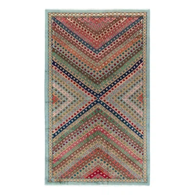 Rug & Kilim Pasha 1960s Vintage Art Deco Rug In Brown/blue/green Geometric Pattern In Blue;brown;green