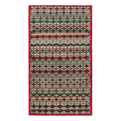 Rug & Kilim Pasha 1960s Vintage Distressed Deco Rug In Blue/red/green Geometric Pattern In Blue,red,green