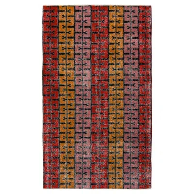 Rug & Kilim Pasha 1960s Vintage Distressed Mid-century Modern Rug, Pink/red/gold/black Deco Pattern In Black;red;pink;gold