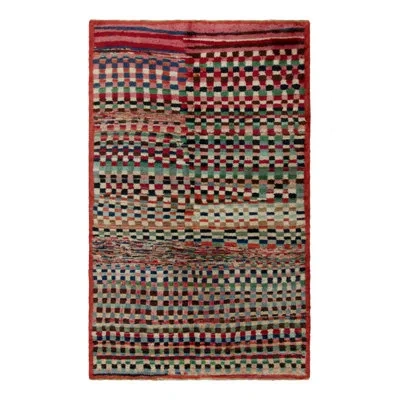 Rug & Kilim Pasha 1960s Vintage Mid-century Modern Rug In Red/pink/green/blue Geometric Pattern In Red,pink,green,blue