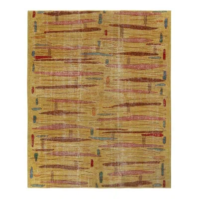 Rug & Kilim Pasha 1960s Vintage Zeki Muren Rug In Gold/pink/red Distressed Art Deco Pattern In Gold,pink,red