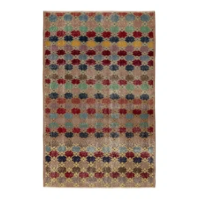 Rug & Kilim Pasha Hand-knotted Vintage Distressed Art Deco Rug In Pink/brown/red/blue Geometric Floral Pattern In Blue;brown;red;pink