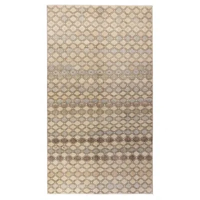 Rug & Kilim Pasha Hand-knotted Vintage Mid Century Distressed Rug In Beige/brown Lattice Pattern In Brown;beige