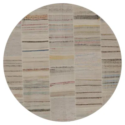 Pre-owned Rug & Kilim 's Patchwork Kilim Circle Rug In Polychromatic Stripes In Brown