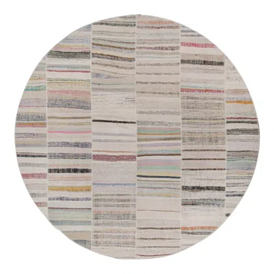 Pre-owned Rug & Kilim 's Patchwork Kilim Circle Rug In Polychromatic Stripes In Gray