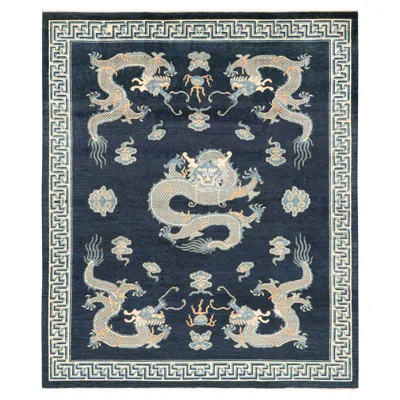 Pre-owned Rug & Kilim 's Pictorial Dragon Rug In Navy Blue, With Geometric Borders
