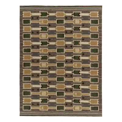 Rug & Kilim 's Scandinavian Rug In Beige, Green & Gold Geometric Patterns In Brown;beige;gold;silver;gray;green