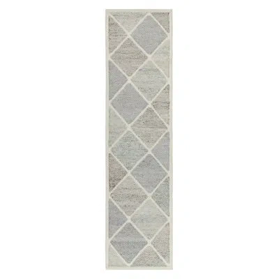 Rug & Kilim 's Scandinavian Runner In Gray And White Diamond Pattern In Blue;white;silver;gray;cream