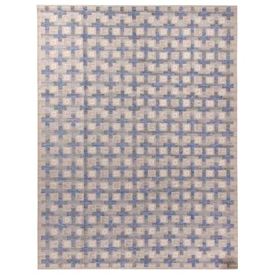 Pre-owned Rug & Kilim 's Scandinavian Style Geometric Beige And Blue Wool Modern Kilim Rug