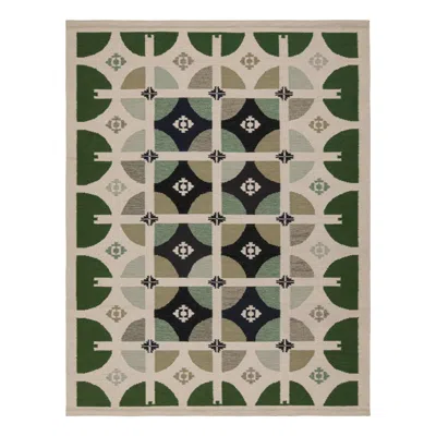 Pre-owned Rug & Kilim 's Scandinavian Style Kilim Rug In Green, White & Black Patterns