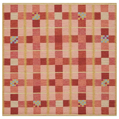 Pre-owned Rug & Kilim 's Scandinavian Style Square Rug With Red And Pink Geometric Patterns