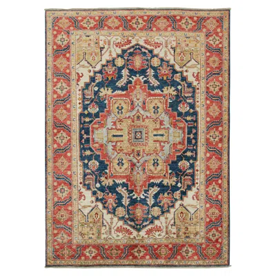 Pre-owned Rug & Kilim 's Serapi Style Rug In Navy Blue With Gold And Red Medallion
