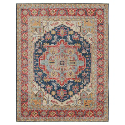 Pre-owned Rug & Kilim 's Serapi Style Rug In Red, Blue & Gold With Medallion Pattern