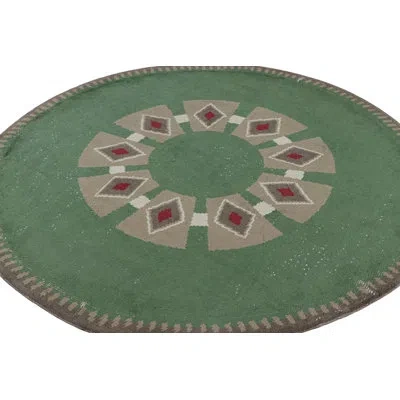 Rug & Kilim Signed Leleu Vintage French Art Deco Circle Rug With Medallion -  In Brown;red;beige;silver;gray;green