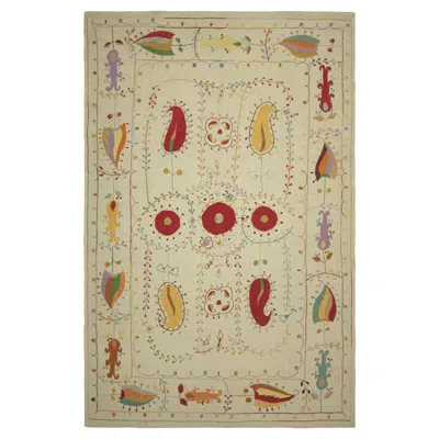 Pre-owned Rug & Kilim 's Suzani Style Kilim In Cream With Polychrome Paisleys And Florals In White