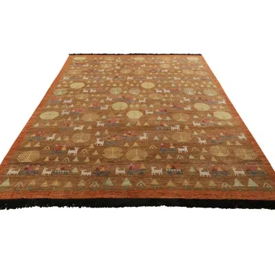 Rug & Kilim 's Swedish Folk Art Rug In Brown With Geometric Pictorials In Brown;beige;orange
