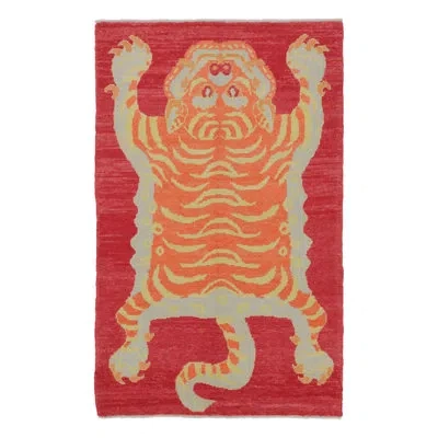 Rug & Kilim 's Tiger-skin Rug, Crimson Ground With Bold Orange Pictorial -  In Red,orange,yellow,gray