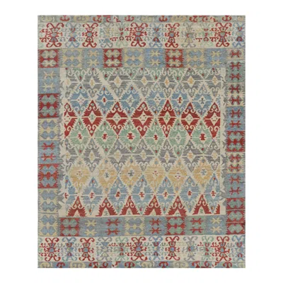 Pre-owned Rug & Kilim 's Tribal Style Rug With Vibrant Polychromatic Geometric Patterns In Gray
