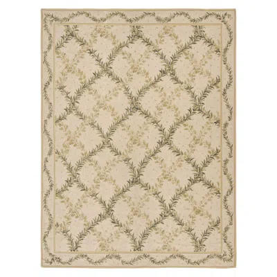 Pre-owned Rug & Kilim 's Tudor Style Flat Weave In Green And Cream Trellis Floral Patterns In White