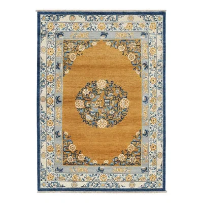 Rug & Kilim 's Twin Art Deco Inspired Rugs In Gold With Medallion And Florals In Gold,ice,navy Blue,cream White