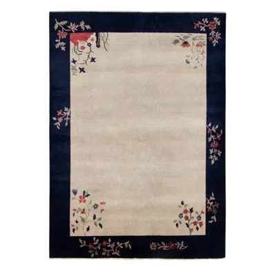 Rug & Kilim Vintage Chinese Deco Style Rug In Dark Blue/beige/red Green Florals In Beige;dark Blue