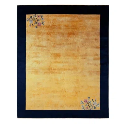 Rug & Kilim Vintage Chinese Deco Style Rug In Gold/navy Blue/pastel Pink Floral Patterns, Navy Border In Gold;pastel Pink;navy Blue