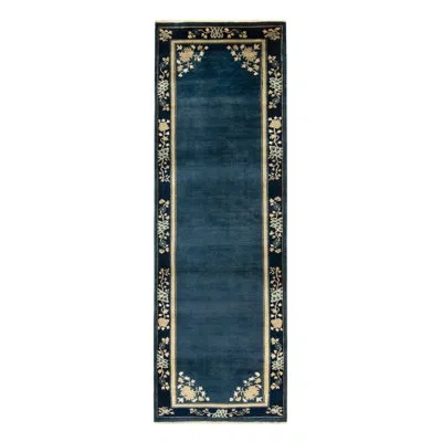 Rug & Kilim Vintage Chinese Deco Style Runner In Deep Blue/off White/gold Floral Border In Gold;off White;deep Blue