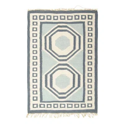 Rug & Kilim Vintage Dhurrie Rug In Blue, Beige And Cream Medallions And Geometric Border In Blue;brown;beige;cream