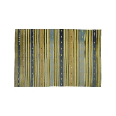 Rug & Kilim Vintage Dhurrie Rug In Yellow And Blue Stripes And Geometry |  In Blue;yellow;gold;white;cream