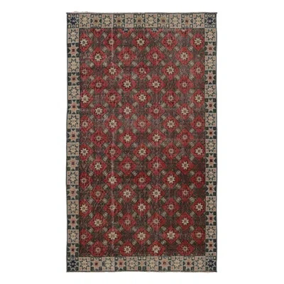 Rug & Kilim Vintage Distressed Rug, Red Diamond Star Lattice Over Rich Brown -  In Beige,brown,red,black,blue,green