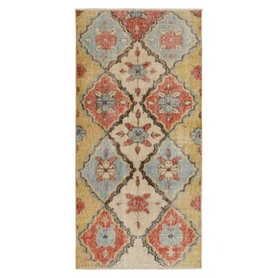 Rug & Kilim Vintage Distressed Turkish Deco Rug In Orange/yellow/sky Blue Floral Pattern In Yellow;orange;sky Blue
