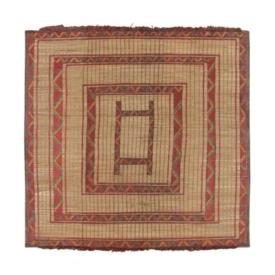 Rug & Kilim Vintage Square Tuareg Mat In Red And Green Tribal Geometric Patterns In Beige,brown,red,green