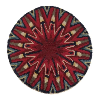 Rug & Kilim Vintage Swedish Rya Circle Rug In Red And Blue Geometric Pattern -  In Red,charcoal,teal,mustard,cream