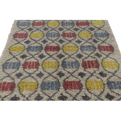 Rug & Kilim Vintage Swedish Rya Rug, Beige With Scandinavian Geometry -  In Blue;brown;red;beige;yellow