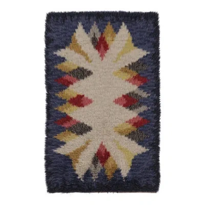 Rug & Kilim Vintage Swedish Rya Rug, Bold Scandinavian Geometric Medallions -  In Blue,beige,brown,white,cream,gold,pink,red,gray,silver,black