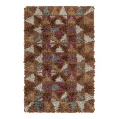 Rug & Kilim Vintage Swedish Rya Rug, Bold Scandinavian Geometric Pattern -  In Blue;brown;beige;purple;gold