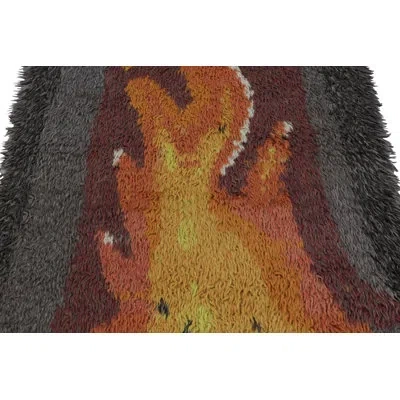 Rug & Kilim Vintage Swedish Rya Rug, Gray With Scandinavian Flame Pictorial -  In Red;gold;white;orange;silver;gray;cream