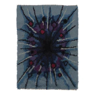 Rug & Kilim Vintage Swedish Rya Rug, Mid-century Modern Burst Pattern In Blue -  In Beige,brown,black,blue,red,purple